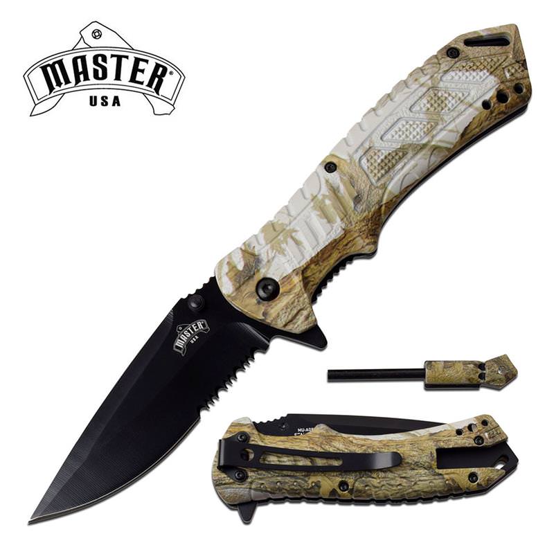 Survival Folding Knife 3.5" Serrated Blade Camo Fire Starter Spring Assisted - Tophatter's Army Products & Self Defense Collectible Weapons - Tophatter Daily Deals